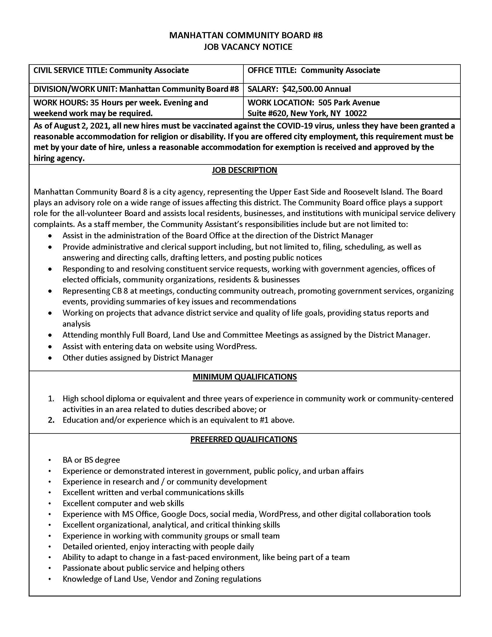 Community Board 8 is Hiring - Community Associate Posting - New 